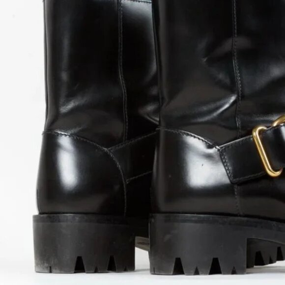 Prada Blue Fur Black Leather Moto Boots - Picture 9 of 10